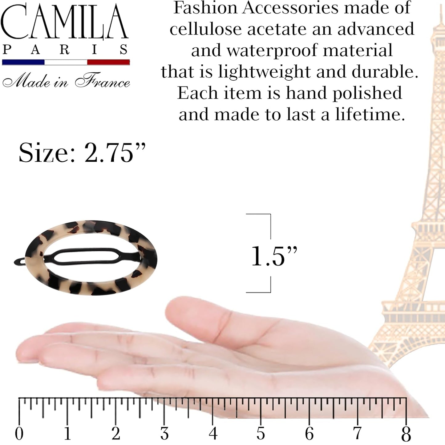 Camila Paris CP2803 French Hair Barrette Clip for Women, Handmade, Flow, Slide-in Metal-Free Closure, Strong Hold Grip Hair Clips for Girls, No Slip Durable Styling Hair Accessories, Made in France