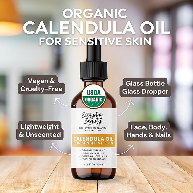 Organic Calendula Oil For Sensitive Skin - USDA Certified 100% Plant Based, Lightweight & Unscented Gentle Soothing Oil For Sensitive Skin - For Face, All Over - Large 4.06 Fl Oz Glass & Dropper