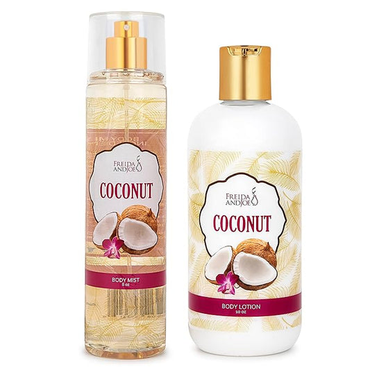 Home Spa Gift 10oz Deep Moisturizing Fragrance Body Lotion & 8 oz. Fine Fragrance Body Mist Set Luxury Self-Care Combo for Women and Girls (Coconut) Mother’s Day Gift for Mom