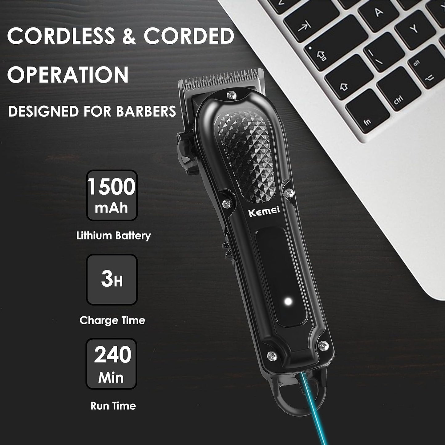 KEMEI Hair Clippers for Men, Professional Barber Clipper for Hair Cutting Cordless & Corded, Rechargeable Beard Trimmer