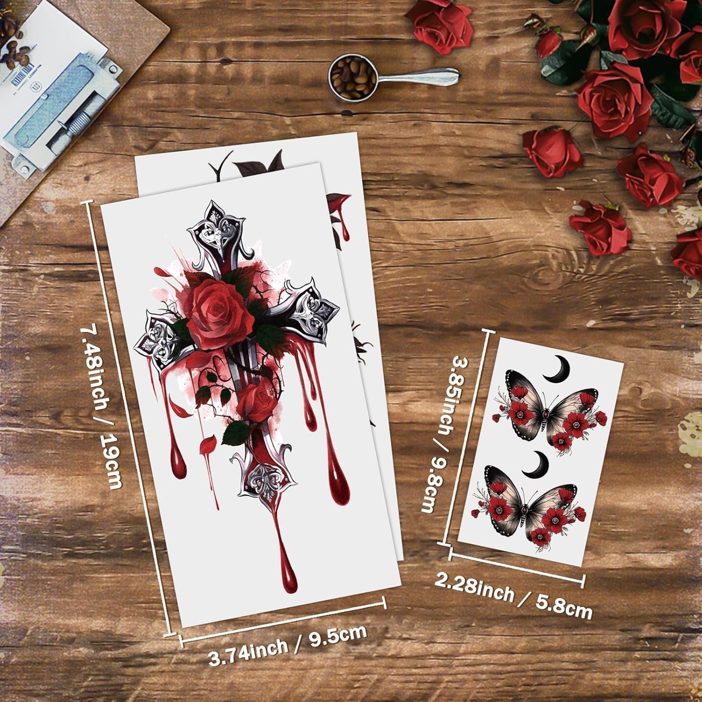 77 Sheets Flower Temporary Tattoos for Women, Weird Roses and Skulls Fake Tattoos, Waterproof Body Art Tattoo Stickers for Adults and Kids