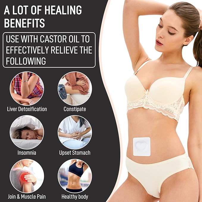 30Pcs Castor Oil Pack Wrap in Belly Button for Liver Detox, Highly Absorbent Self-Adhesive Castor Oil Wrap Organic Cotton, Anti-Seepage(Oil Not Included)