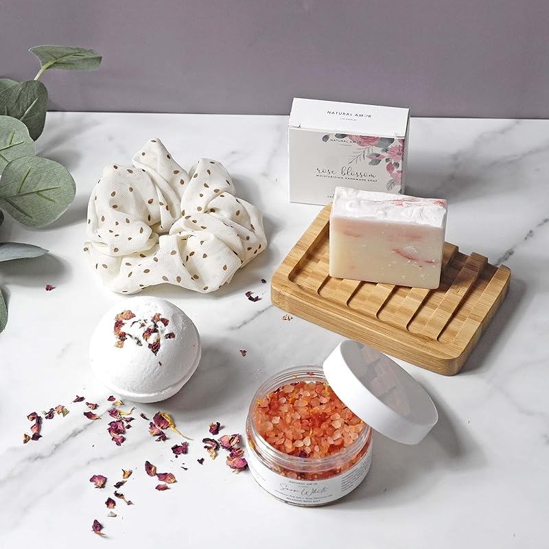 Natural Amor Rose Spa Gifts for Women,4pcs Self Care Box Including Soap Bar, Bath Bomb, Bath Salt,Thank You Gift for Women