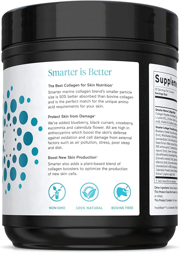 Smarter Nutrition Marine Collagen - Type 1 & 3 Peptides with Herbal Antioxidants for Skin and Hair Health - Vitamin E & C, Green Tea, Berry Powder, Quercetin - (20 Servings (Pack of 1))