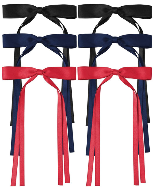 AWAYTR Hair Clip - 6Pcs Hair Bow Clip with Tassels and Bowknots for Women in Red/Black/Navy with Long Solid Hair Ribbons for Girls