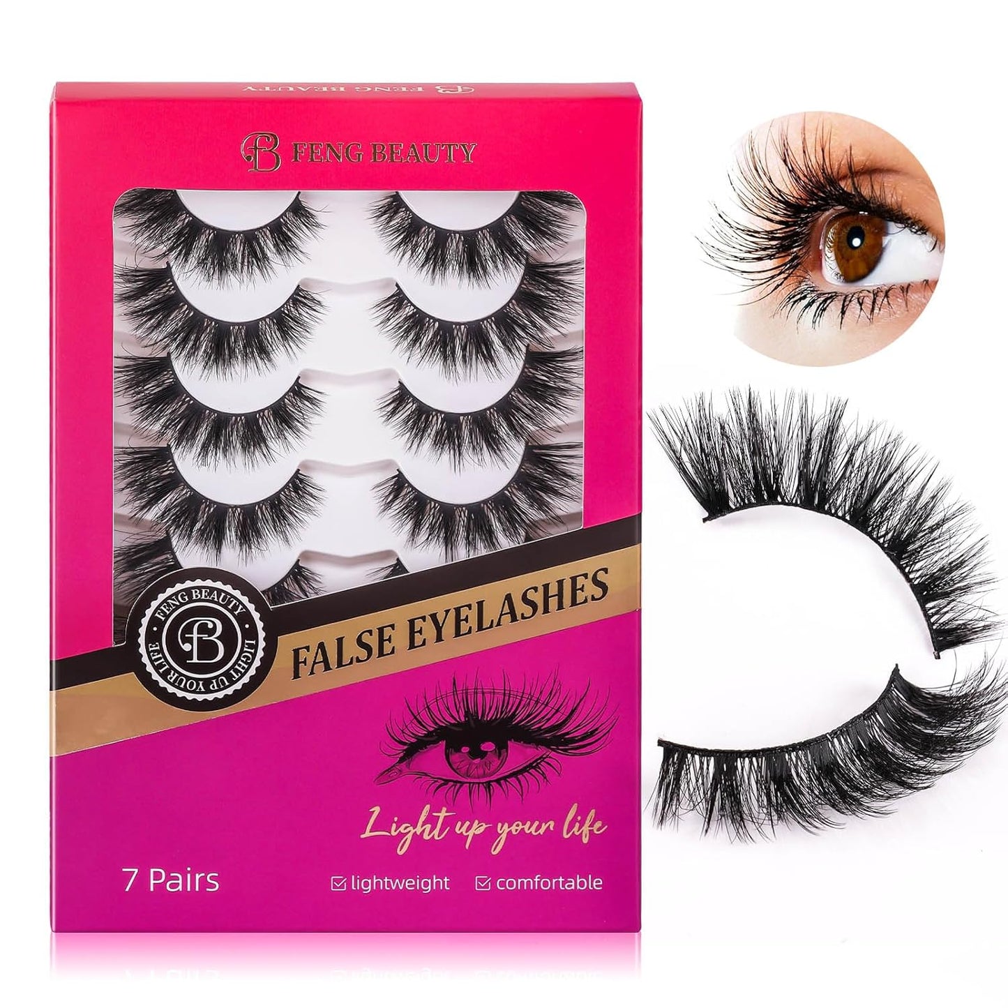 Dramatic Cat Eyelashes - Fluffy Volume False Eyelashes with Lightweight Comfort, Easy Apply Winged Style (8-16mm), Reusable Glam Lashes for All Eye Shapes, 7 Pairs Full-Strip Lashes