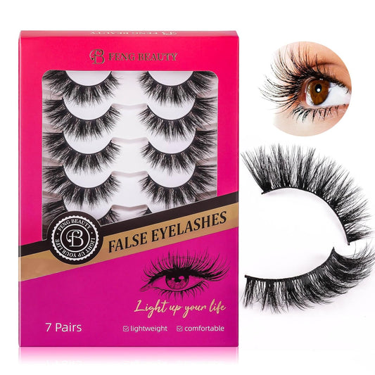 Dramatic Cat Eyelashes - Fluffy Volume False Eyelashes with Lightweight Comfort, Easy Apply Winged Style (8-16mm), Reusable Glam Lashes for All Eye Shapes, 7 Pairs Full-Strip Lashes
