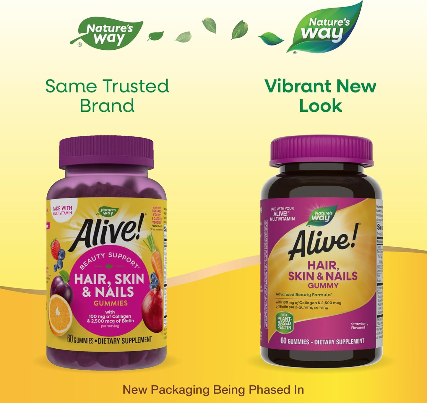 Nature's Way Alive! Hair, Skin & Nails Gummies, Advanced Beauty Formula*, with Biotin and Collagen, Strawberry Flavored, 60 Gummies (Packaging May Vary) (Pack of 2)