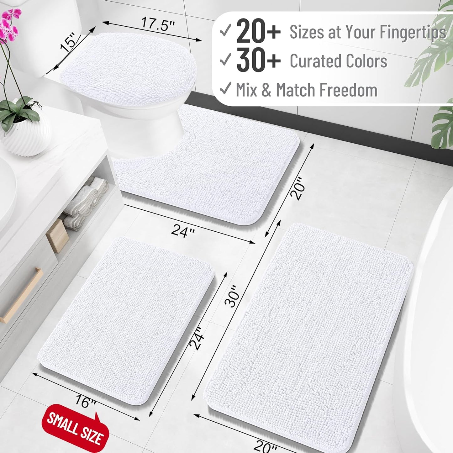 OLANLY Bathroom Rugs 24x16, Extra Soft Absorbent Chenille Bath Rugs, Rubber Backing Quick Dry, Machine Washable Bath Mats for Bathroom Floor, Tub and Shower, Home Decor Accessories, White