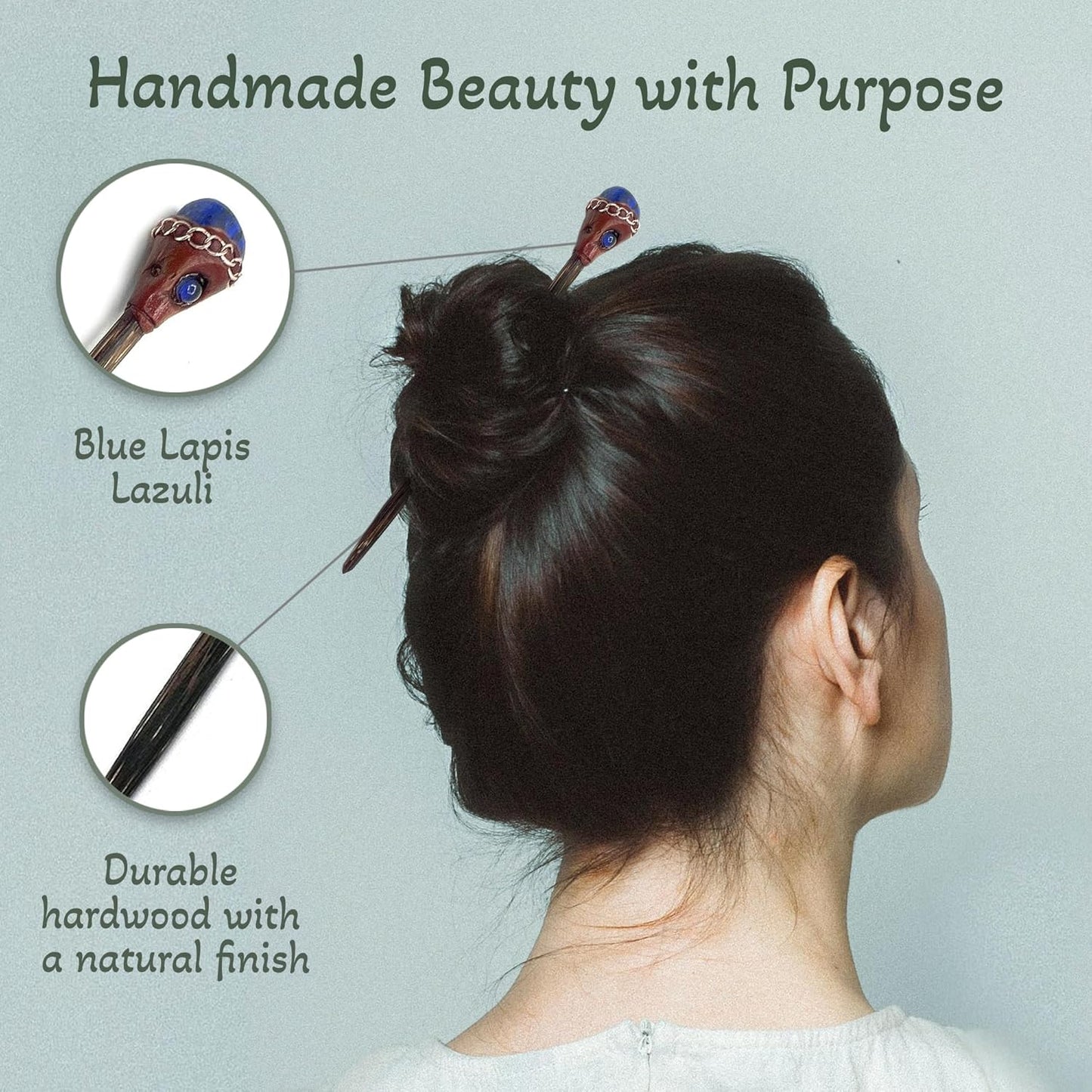 Mia Jewel Shop - Natural Tumbled Healing Gemstone Crystal Chonta Wooden Hair Sticks – Handmade Hair Sticks for Women | Hair Pins Boho Reiki Accessories, Fashion Gifts (Blue Lapis Lazuli)