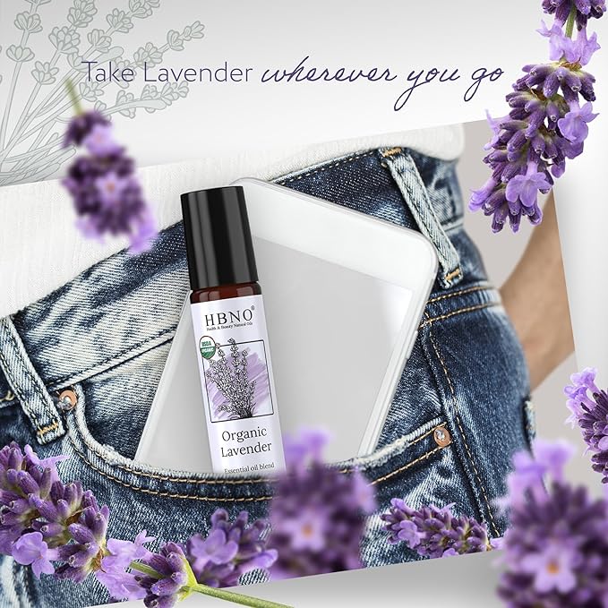 HBNO Organic Lavender Essential Oil Roll-On - 1/3 oz (10 ml) Travel Size - USDA Certified Organic Lavender and Mct Oils - Perfect for Traveling, Aromatherapy, Massage, perfumes, moisturizer