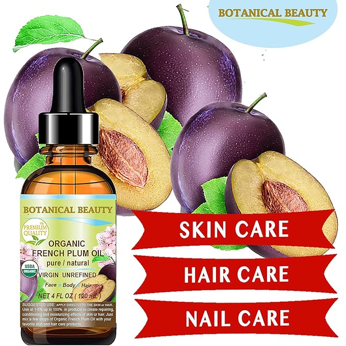 Botanical Beauty Organic French PLUM OIL 100% Pure Natural VIRGIN UNREFINED Cold-Pressed Carrier Oil 2 Fl oz 60 ml for Face, Skin, Body, Hair, Lip, Nails. Rich in Vitamin E, Omega 6, Omega 9