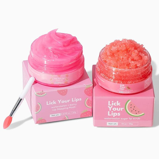 Watermelon Lip Scrub and Lip Sleeping Mask Duo to Exfoliate and Nourish Dry, Lip Scrub and Mask Set for Chapped Lips – Overnight Lip Care Kit to Achieve Soft, Luscious Lips