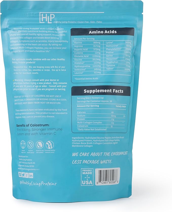 HLP Collagen Supplement for Better Absorption & Immune Support- Multi Collagen Peptides Powder with Colostrum- Improve Strength, Wellness & Vitality with Multi Collagen Protein- Unflavored- 38 Serving