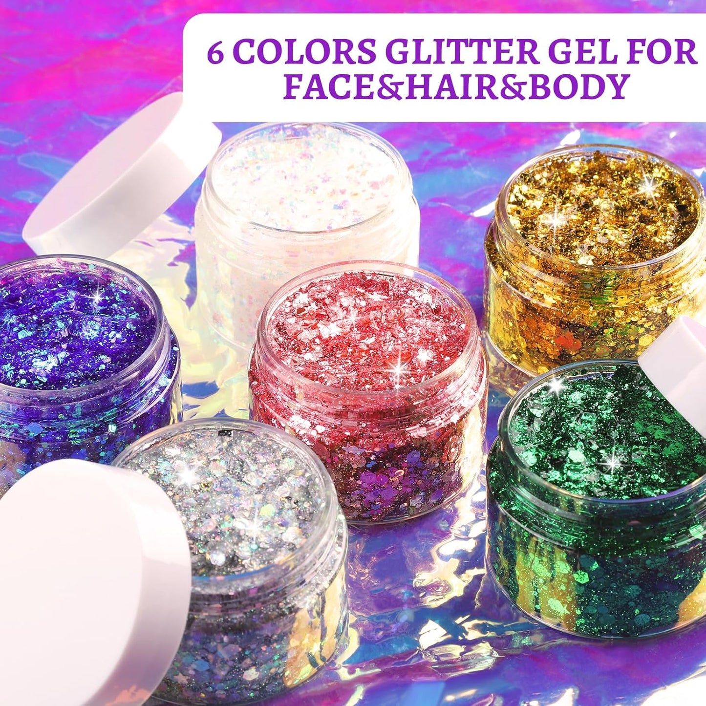 FANDAMEI Body Glitter Gel- 6 Color Glitter Makeup Face Paint for Body&Face&Hair, Rave Festival Mermaid Halloween Concert, Hair Glitter for Kids & Women