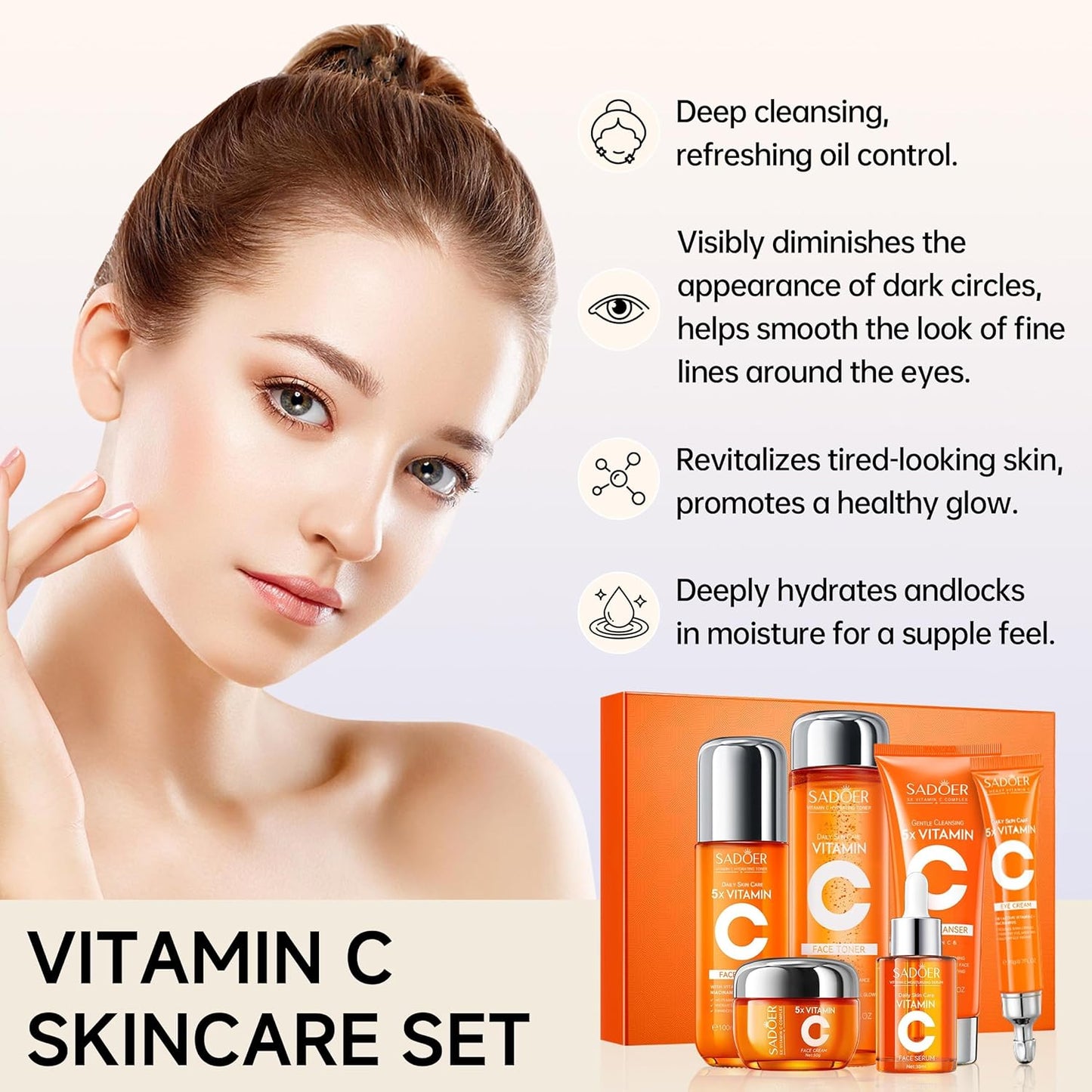 Vitamin C Skincare Set ,Skin Hydration,1Gift Box,1Toner,Face Care Kit Includes Toner,Serum,Cleanser,Moisturizer,Eye Cream & Body Lotion,Unique Gift for Women