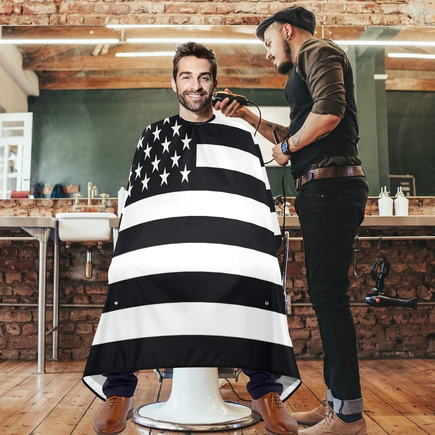 visesunny Barber Cape Black White American Flag Polyester Hair Cutting Salon Cape Apron Anti-Static Haircut Water-Resistant Shaving Cloth Beard Shaving Bib Hairdressing Cape
