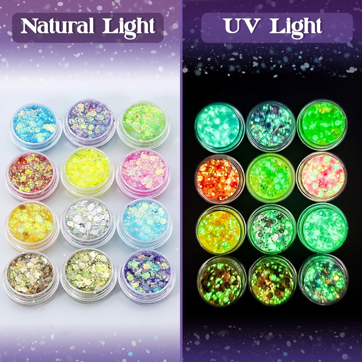 12 Colors Makeup Body Glitter Gel and Face Glitter Gel, Glow in The Dark for Hair and Eyeshadow, UV Black Light for Raves Festivals, Makeup for Women and Kids