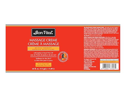 Bon Vital' Muscle Therapy Massage Creme, Professional Massage Cream with Dwarf Pine Oil & Essential Oils for Relaxation & Soreness Relief, Deep Tissue & Sports Massage Techniques, 1/2 Gallon Jar