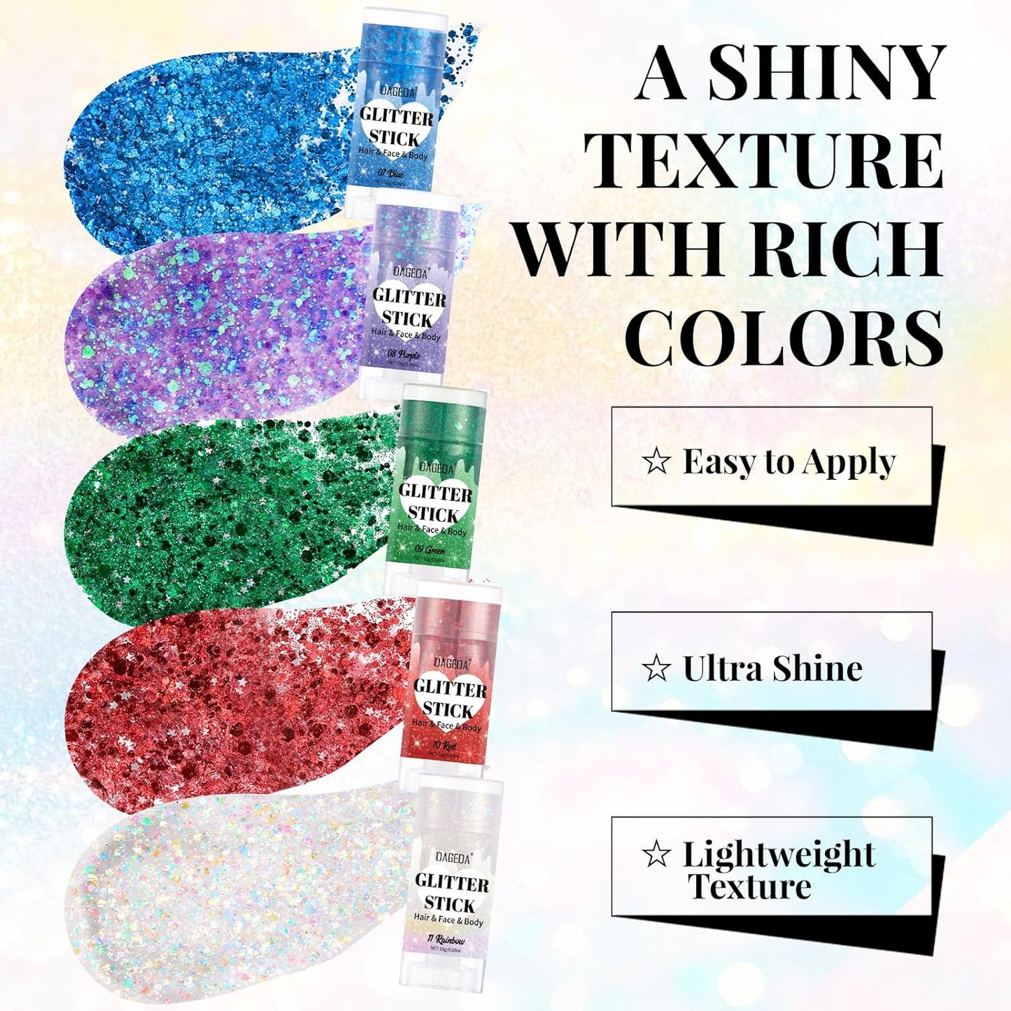 DAGEDA Rainbow Body Glitter Stick,Sparkly Face Glitter Makeup,Holographic Hair Glitters Mermaid Makeup Rave Outfits for Women, Shimmer Face Paint Stick Singer Concert Accessories