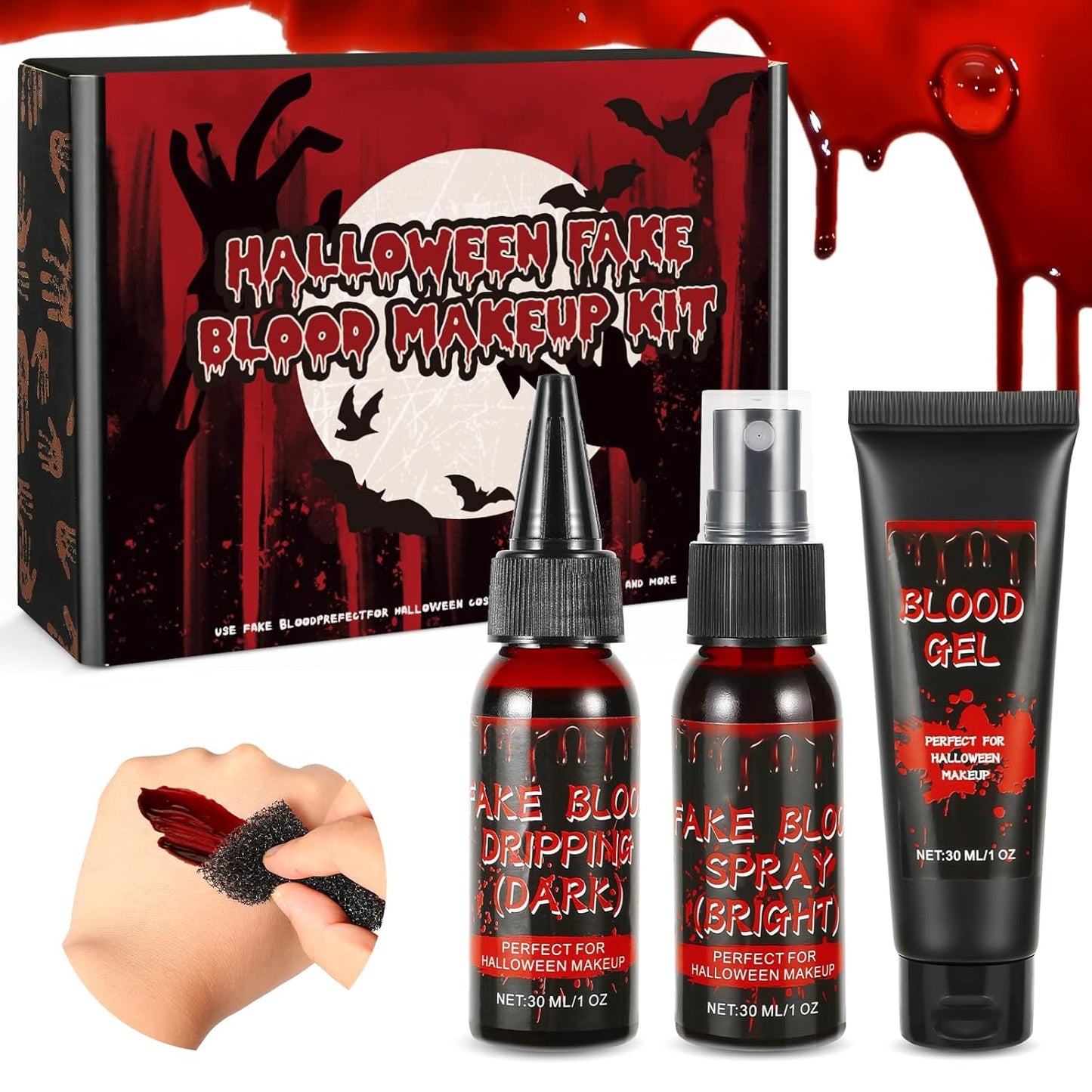 Halloween Fake Blood Makeup Kit - Includes Realistic Coagulated Blood Gel, Fake Blood Spray, Dripping Blood, Stage Blood, for Zombie Vampire Cosplay Party Mouth Clothes