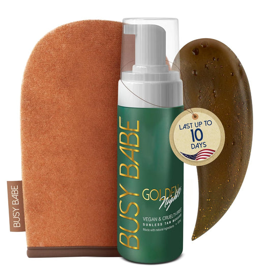 Self Tanner - Golden Nights Express Rapid Dark Tanning Mousse - Deeper Sun-Kissed Glow with Mitt - Vegan, Cruelty-Free, Instant Tan, Self Tanning Mousse Pump - 7.2 oz, No Orange Hues