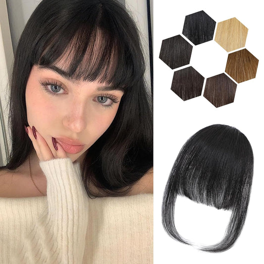 Clip in Bangs for Women - 100% Real Human Hair Wispy Bangs Hair Clip with Temples Hairpieces Fake Bangs for Daily Wear (Natural Black, Wispy Bangs)