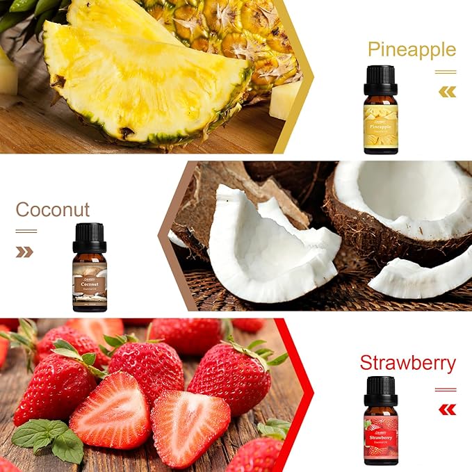 SALUBRITO Fresh Fruit Fragrance Oils Set, Essential Oils for Diffuser, Candle, Soap Making - Strawberry, Sweet Orange, Pineapple, Coconut, Bergamot, Grapefruit, 6X10ml