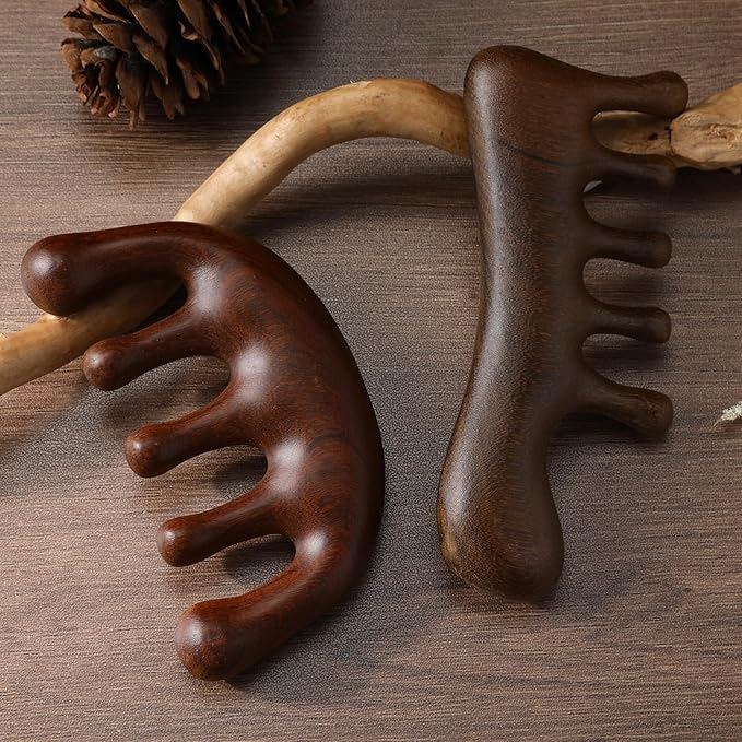 2 Pack Wooden Scalp Massage Comb Wooden Wide Tooth Loc Comb Sandalwood Scalp Massager Brush, Head Brush Gua Sha for Women Men