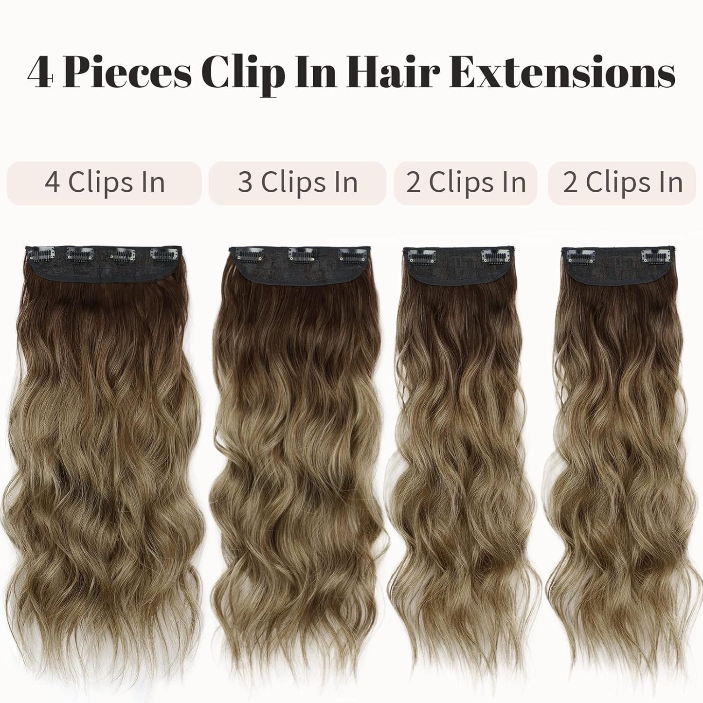 KooKaStyle Clip in Long Wavy Synthetic Hair Extension 20 Inch 4PCS Ombre Brown to Ash Blonde Hairpieces Fiber Thick Double Weft Hair Extension for Women
