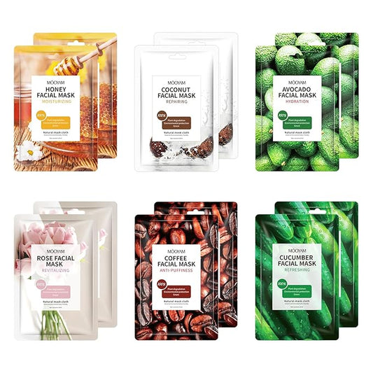 Face Mask Skincare, 12 Pack Variety Sheet Masks - Spa Party Face Masks - Natural Ingredients, Moisturizing & Soothing - Suitable for All Skin Types