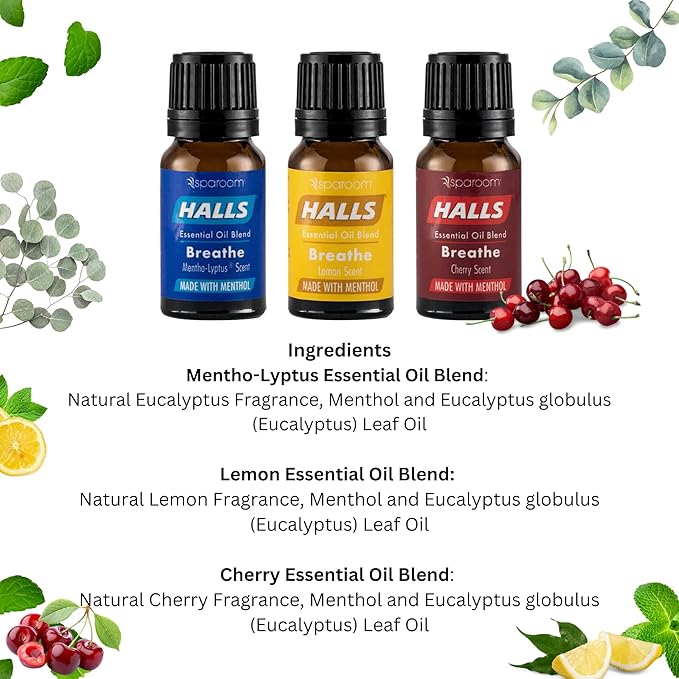 Halls Breathe Menthol with 100% Pure Essential Oils Blend for Diffusers and Aromatherapy, 10 mL, Mentho-Lyptus, Cherry and Lemon, Set of 3