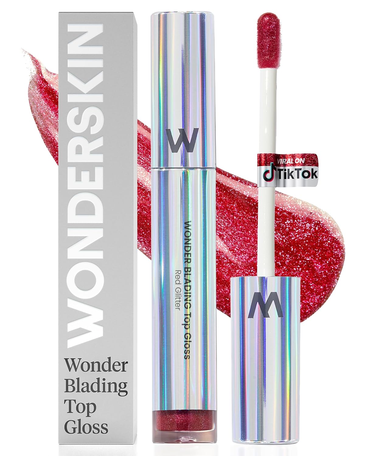 Wonderskin Lip Gloss Blading Top Gloss Red Glitter Lip Gloss, Hydrating and High Shine Finish Lip Makeup (Red Glitter)