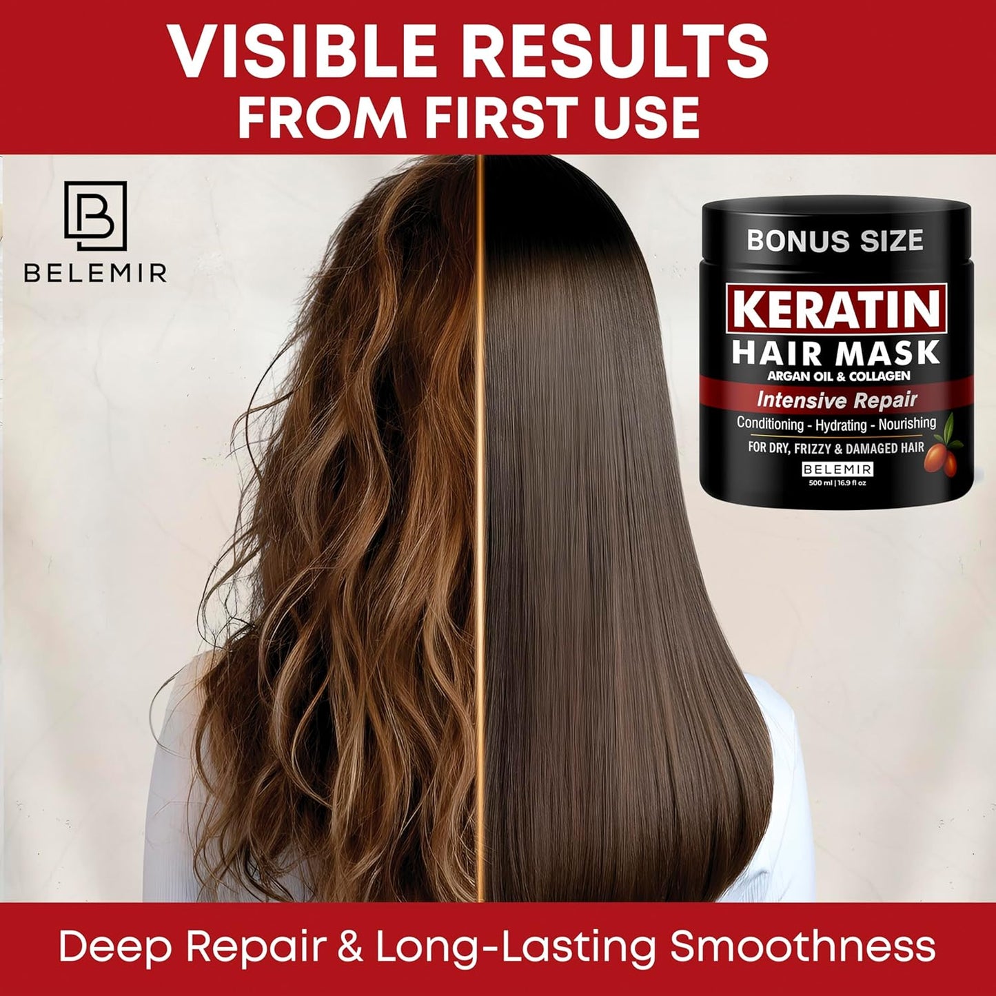 BELEMIR Keratin Hair Mask – Deep Conditioning for Damaged Hair – Collagen & Argan Oil Treatment – Hydrating & Repairing – Sulfate & Paraben Free – 500 ml / 16.9 fl oz