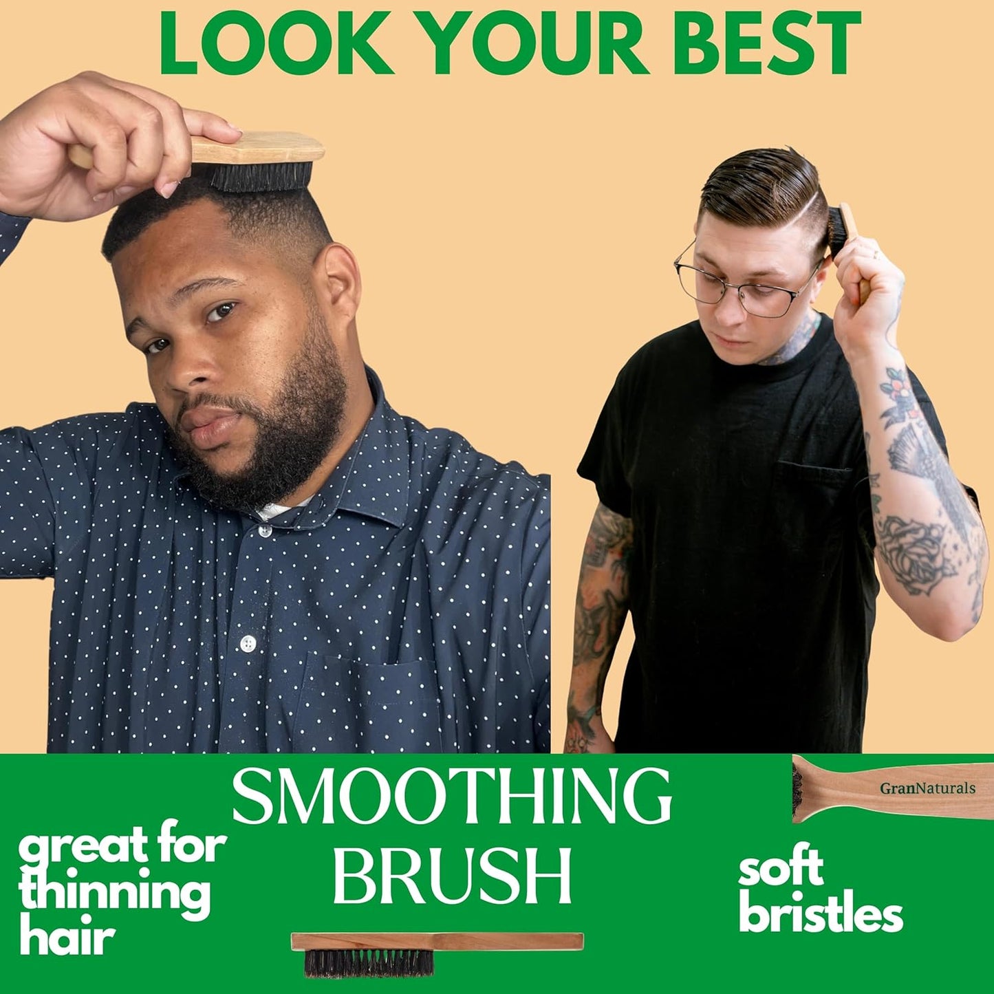 GranNaturals Soft Mens Boar Bristle Hair Brush - Natural Wooden Club Style Wave Hair Brush for Men - Styling Beard Hairbrush for Fine, Thin or Thick Hair