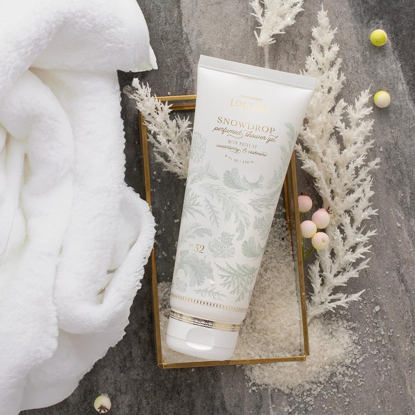 LOLLIA Snowdrop Shower Gel, 8 fl oz, 236 ml, Winterberry & Cashmere Fragrance, Luxury Shea Hydrating Women's Body Wash, Delicate & Relaxing Scented Bath Soap