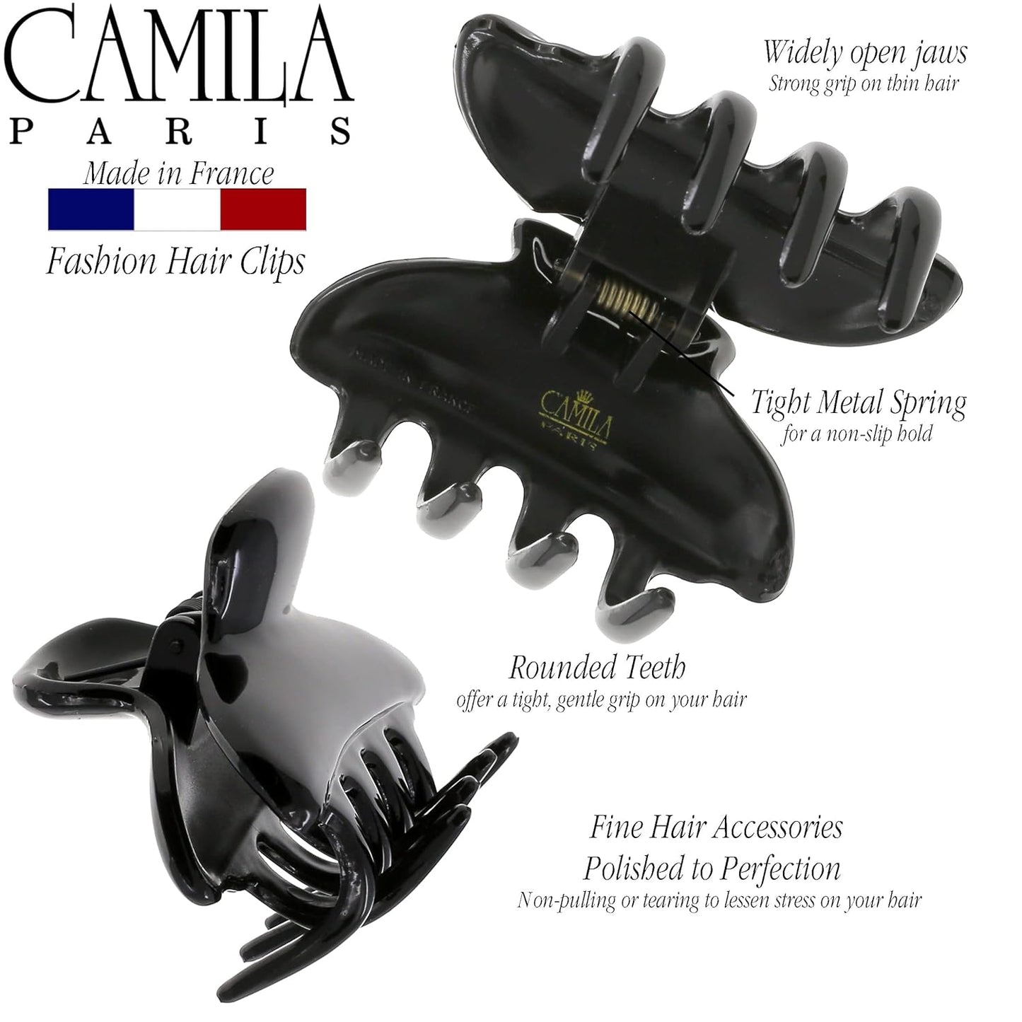 Camila Paris CP3550 French Hair Clip for Women, Small, Black 2.5 Inch Girls Hair Claw Clips Jaw Fashion Durable Styling Hair Accessories for Women, Strong Hold No Slip Grip, Made in France
