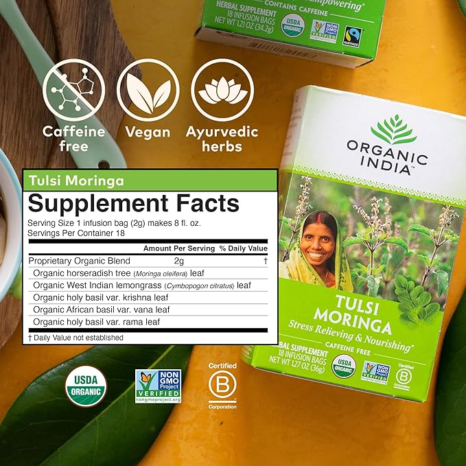 ORGANIC INDIA Tulsi Moringa Tea Bags - Holy Basil, Lemongrass, Moringa Leaves, Stress Relieving & Nourishing, Immune Support Tea, Vegan, Certified Organic, Caffeine-Free - 18 Infusion Bags, 6 Pack