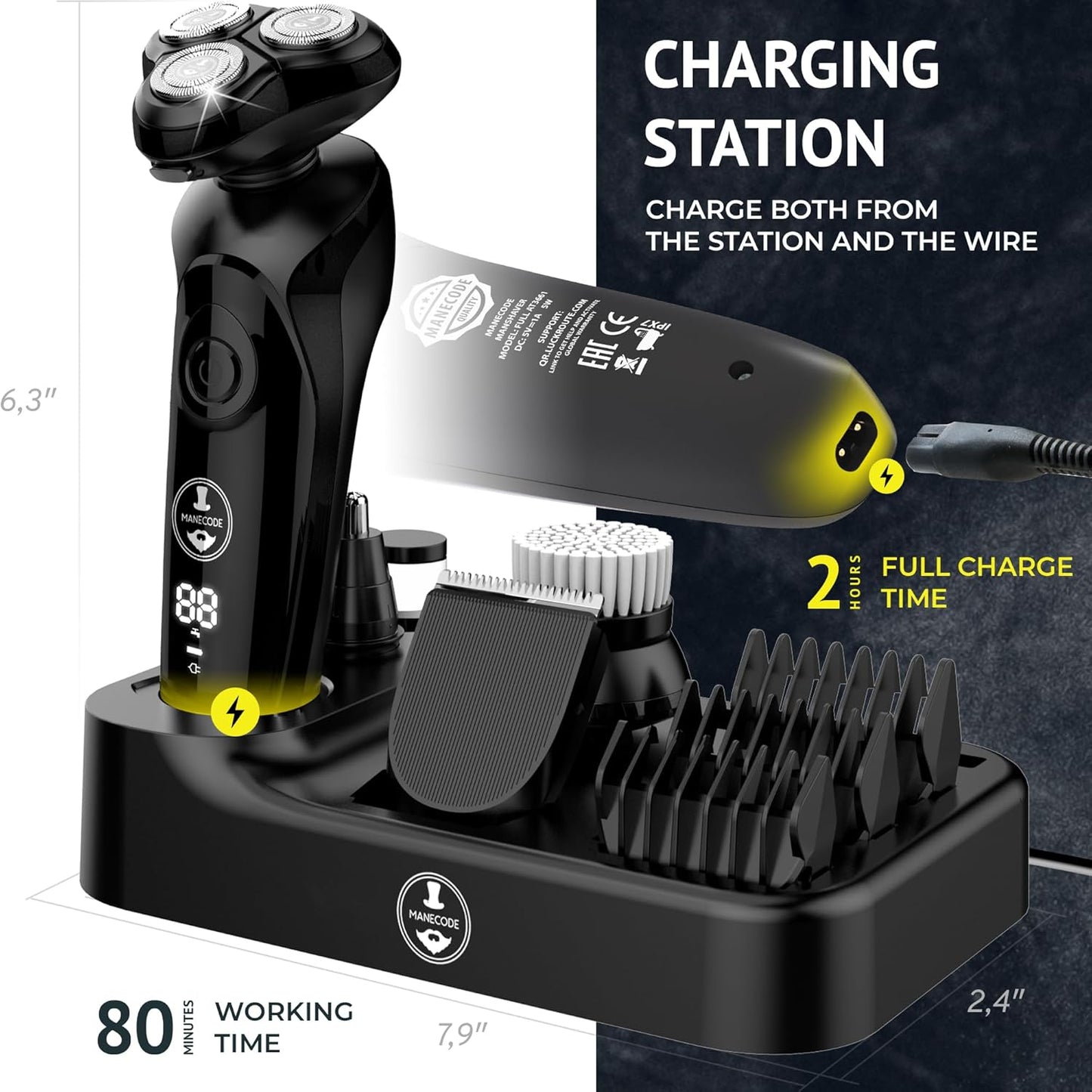 MANECODE® Electric Razor for Men - Shaver with Floating 8 Contouring Technology® IQ Cleaning Sensor® (Charging Station)