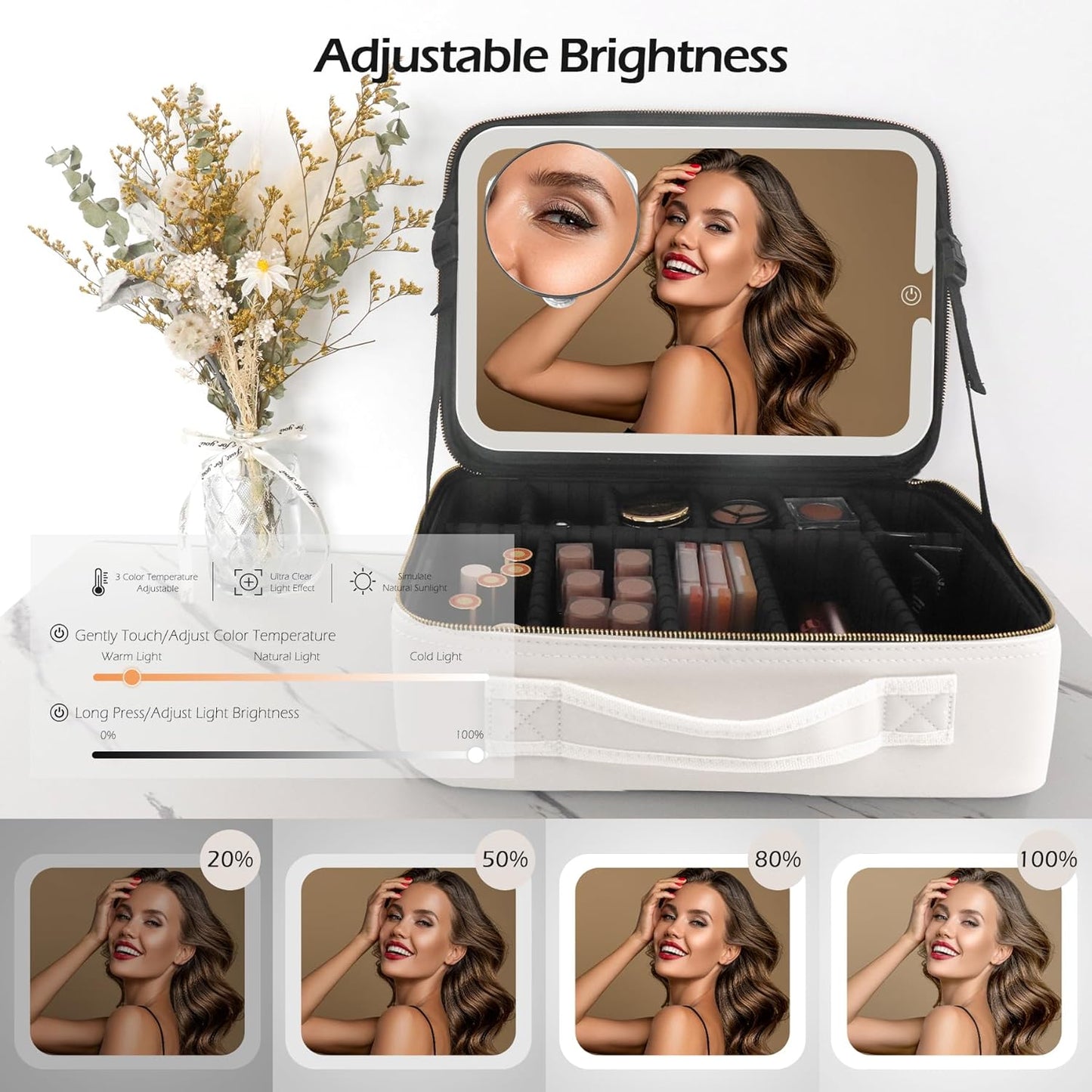 MOMIRA Travel Makeup Bag Cosmetic Bag Makeup Organizer Bag with Lighted Mirror, Adjustable Brightness in 3 Color Scenarios, Waterproof Makeup Train Case, Gift for Women - Khaki (Large)