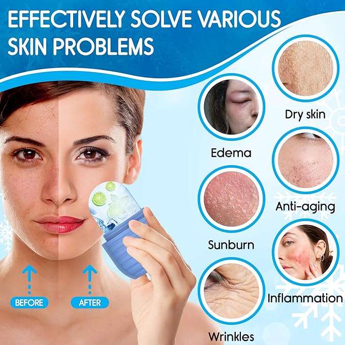 2Pcs Ice Roller for Face, Ice Face Roller, Reusable Silicone Ice Mold for Face, Facial Beauty Ice Roller Skin Care Tools for Shrink Pores Anti Wrinkle Reduce Puffiness (Blue + Pink)