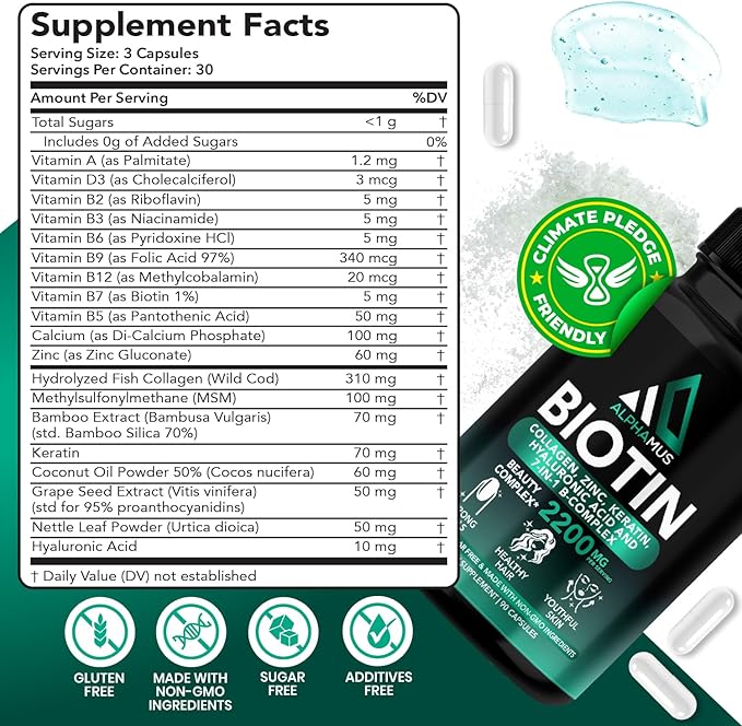 Biotin and Collagen Supplements with Keratin - Biotin 5000mcg Capsules for Hair Growth, Healthy Skin & Nails - Optimized Blend of Hyaluronic Acid & Vitamin-B Complex for Women & Men, 90 Capsules