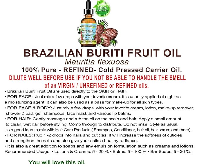BURITI FRUIT OIL Brazilian. 100% Pure/Natural/REFINED Undiluted Cold Pressed Carrier Oil For Face, Body, Hair, Lip and Nail Care. 0.5 fl oz- 15 ml. "One the richest natural source of vitamin A,