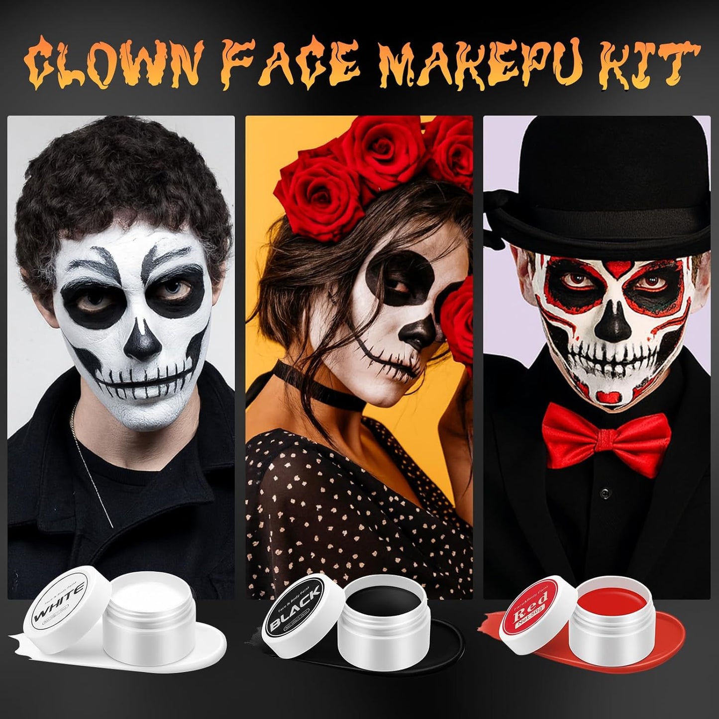 Red Black and White Face Body Paint Set, Highly Pigmented Clown Makeup Kit, Professional Face Paint for Halloween Skeleton Cosplay Joker Vampire Zombie Ghost SFX Makeup