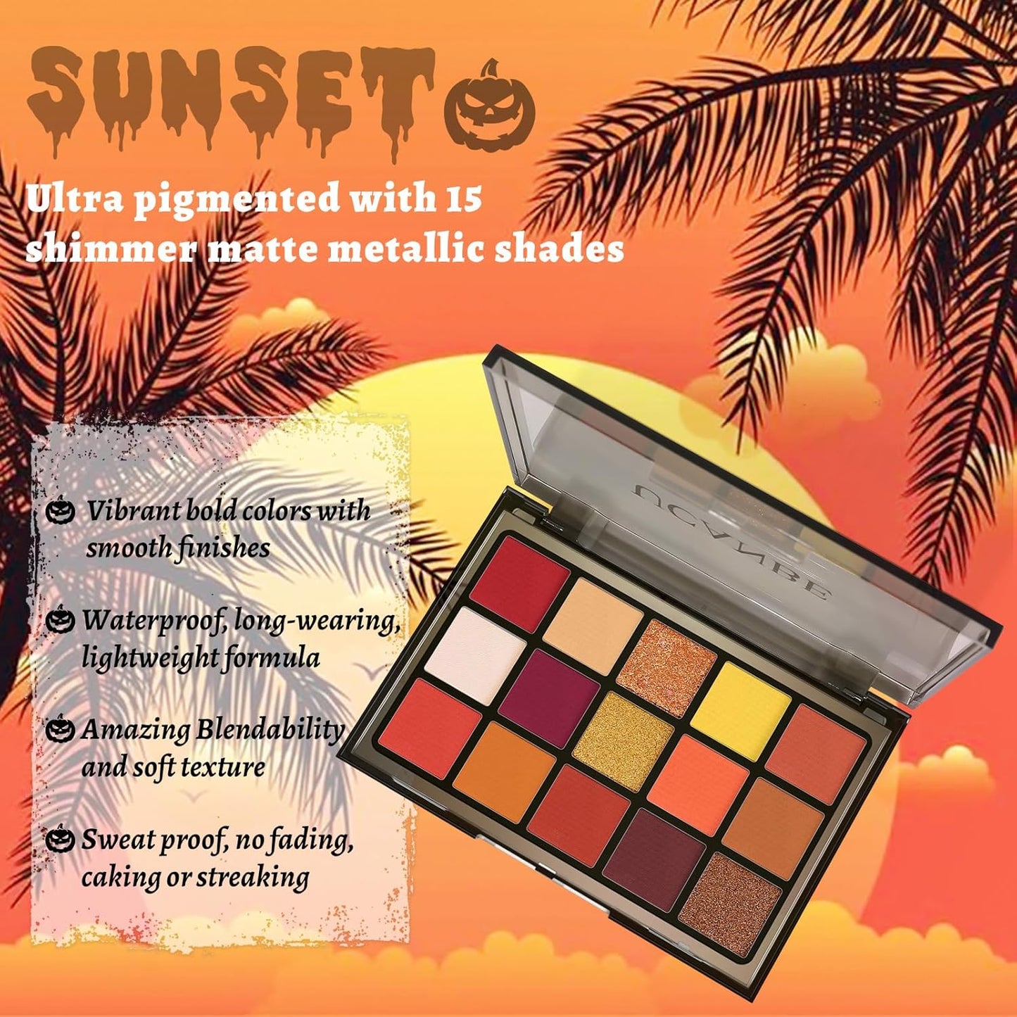 UCANBE Orange Eyeshadow Makeup Palette, 15 Colors Vibrant Shimmer Matte Glitter Eye Shadow Pallet, High Pigmented Warm Yellow Sunset Red Coral for Fall Cosplay Halloween Costume Parties Pumpkin Makeup