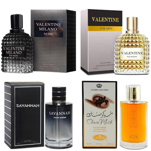 Men's Cologne Gift Set Include Valentine Milano,Valentine,Choco Musk & Savannah - 3.4 Fl Oz Each | Vanilla Bourbon, Leather & Amber Floral Fragrance | Luxury Eau de Toilette Quartet