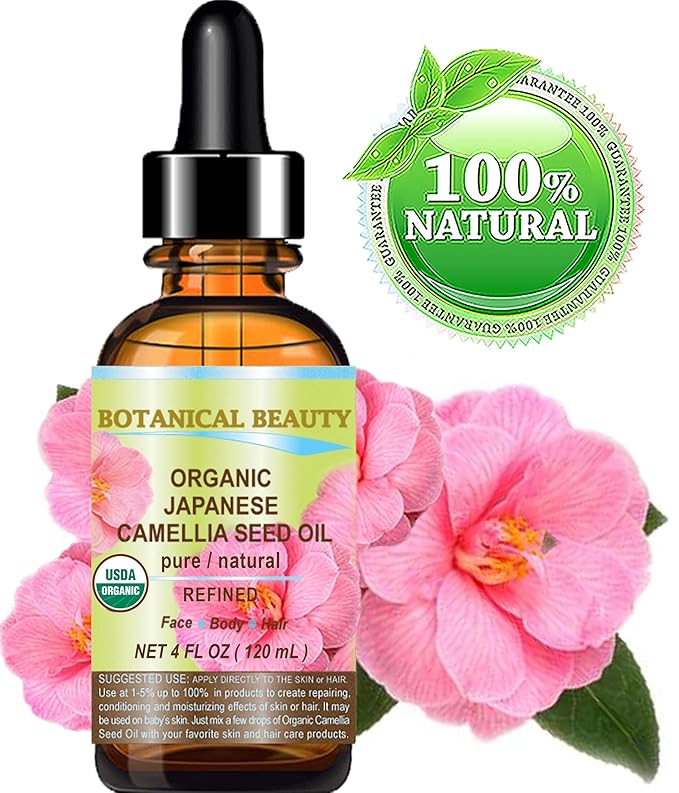 Botanical Beauty Japanese ORGANIC CAMELLIA Seed Oil. 100% Pure Natural Undiluted Refined Cold Pressed Carrier Oil to revitalize and rejuvenate the hair, skin and nails. 4 Fl. oz 120 ml
