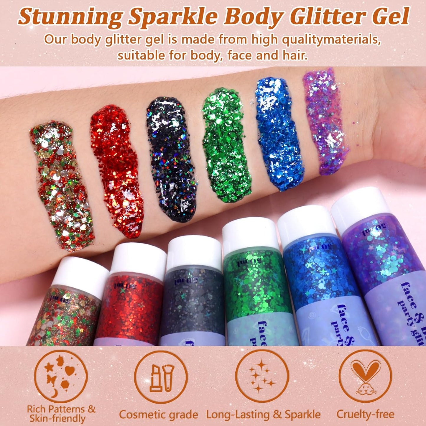 Boko 50ML Body Glitter Gel, Iridescent White Chunky Glitter Gel for Face Hair Body Sparkle Makeup, Mermaid Face Glitter Sequins for 4th of July Independence Day Party Rave Accessories