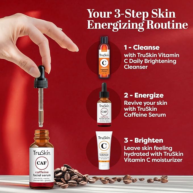 TruSkin Caffeine Face & Eye Serum – Energizing 5% Caffeine Serum with EGCG Niacinamide Matcha and Ginseng – Improve Look of Under Eye Dark Circles and Puffiness, 1 fl oz