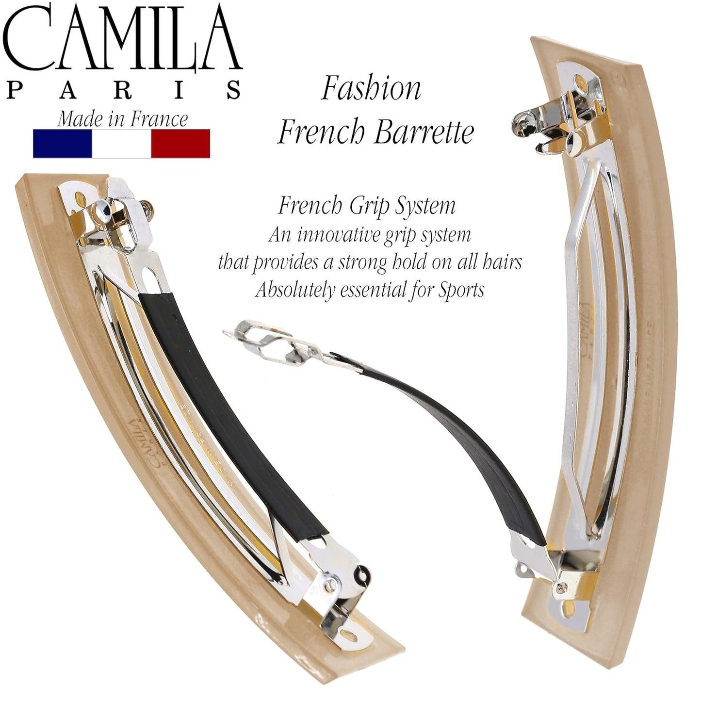 Camila Paris CP3189 French Hair Barrette Clip for Girls, Brown, Rubberized Automatic Clasp Strong Hold Grip Hair Clips for Women, No Slip and Durable Styling Girls Hair Accessories, Made in France